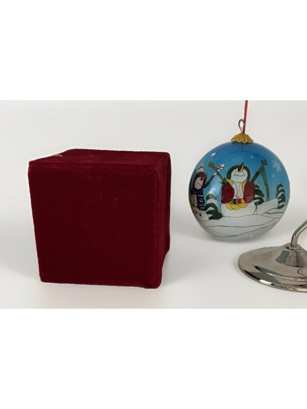 Li Bien Hand Painted Snowman Blue Glass Ball Christmas Ornament Box Holiday